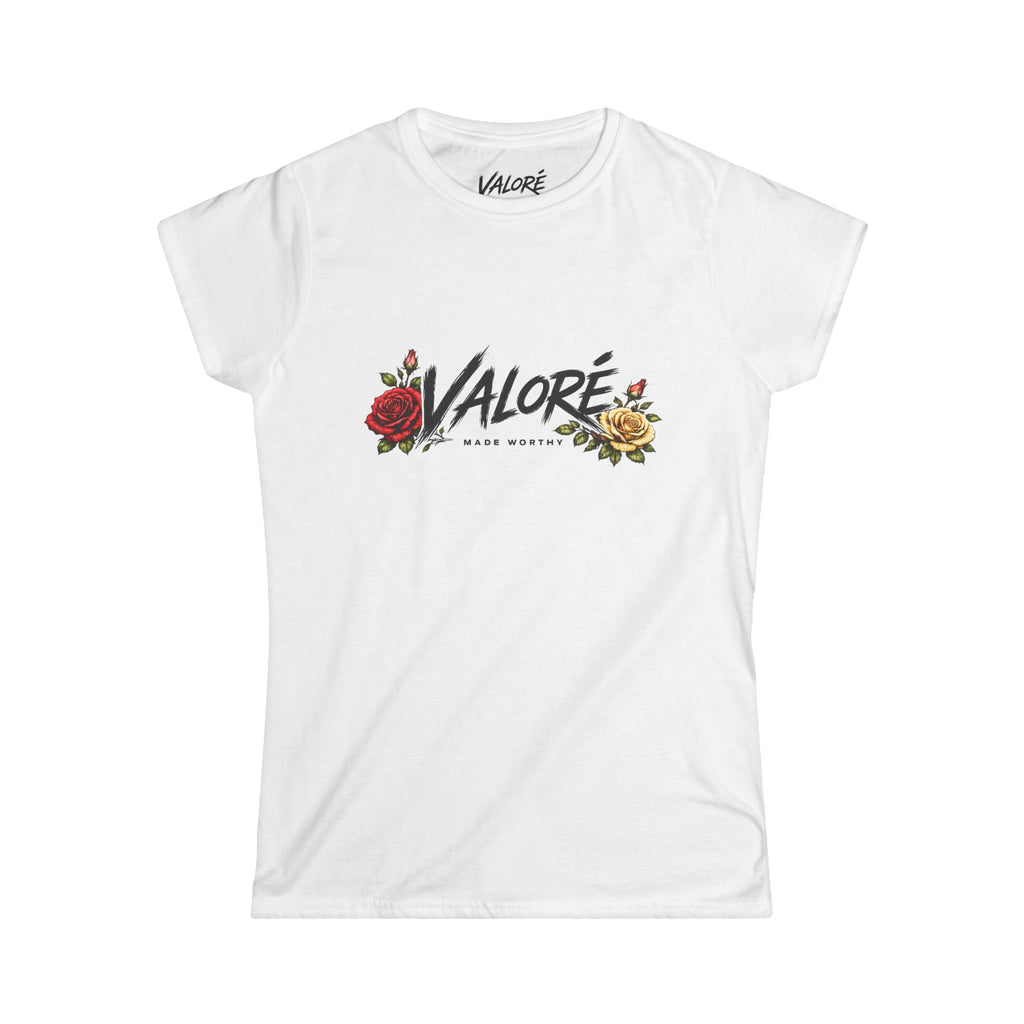 Valore Floral Logo Women’s Tee — 'Valoré' Script with Red & Yellow Roses