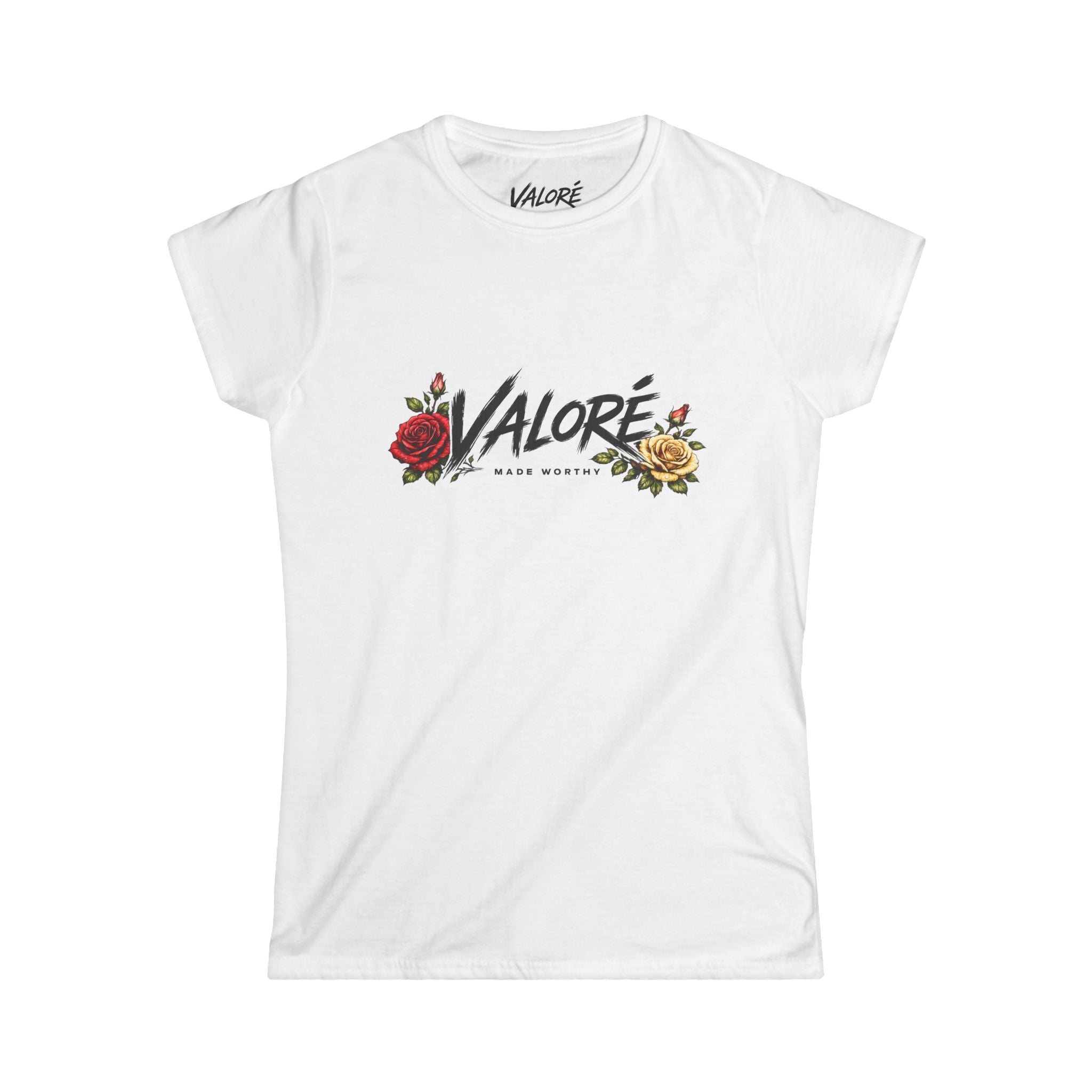 Valore Floral Logo Women’s Tee — 'Valoré' Script with Red & Yellow Roses