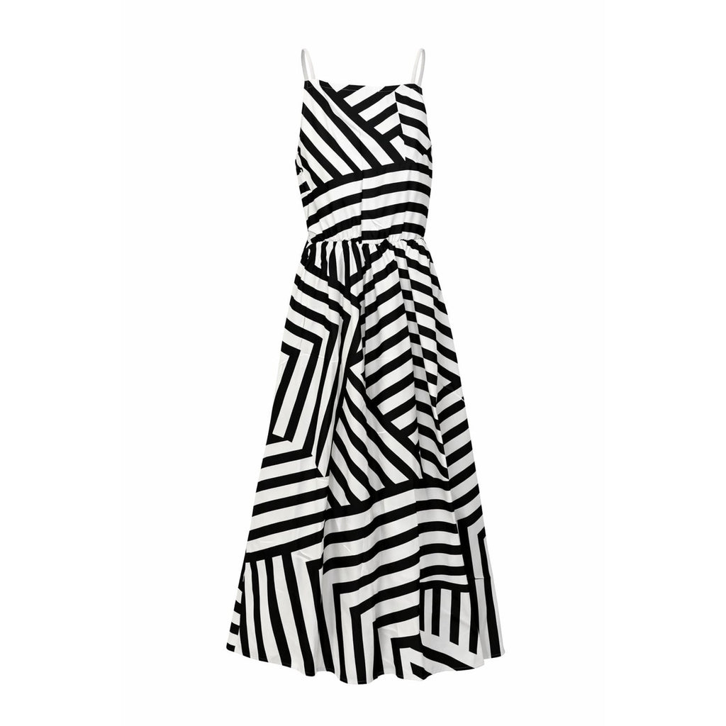 Sleeveless High-Neck Midi Dress in Black and White Geometric Stripe