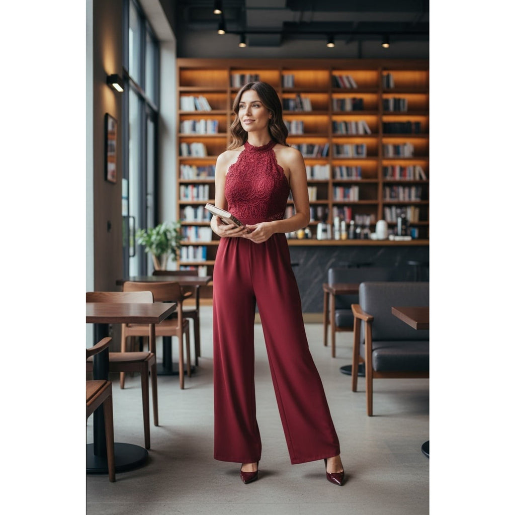 Wine Red Lace Backless Halter Jumpsuit