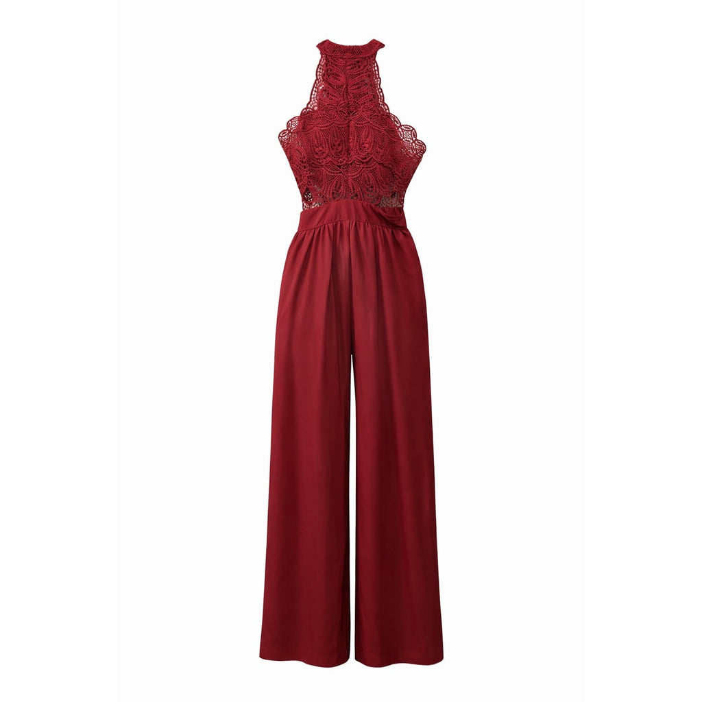 Wine Red Lace Backless Halter Jumpsuit