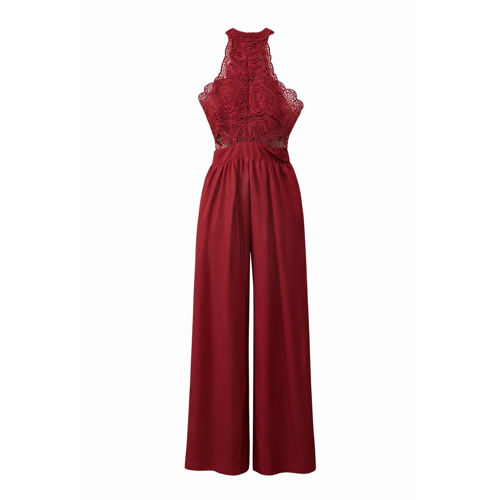 Wine Red Lace Backless Halter Jumpsuit