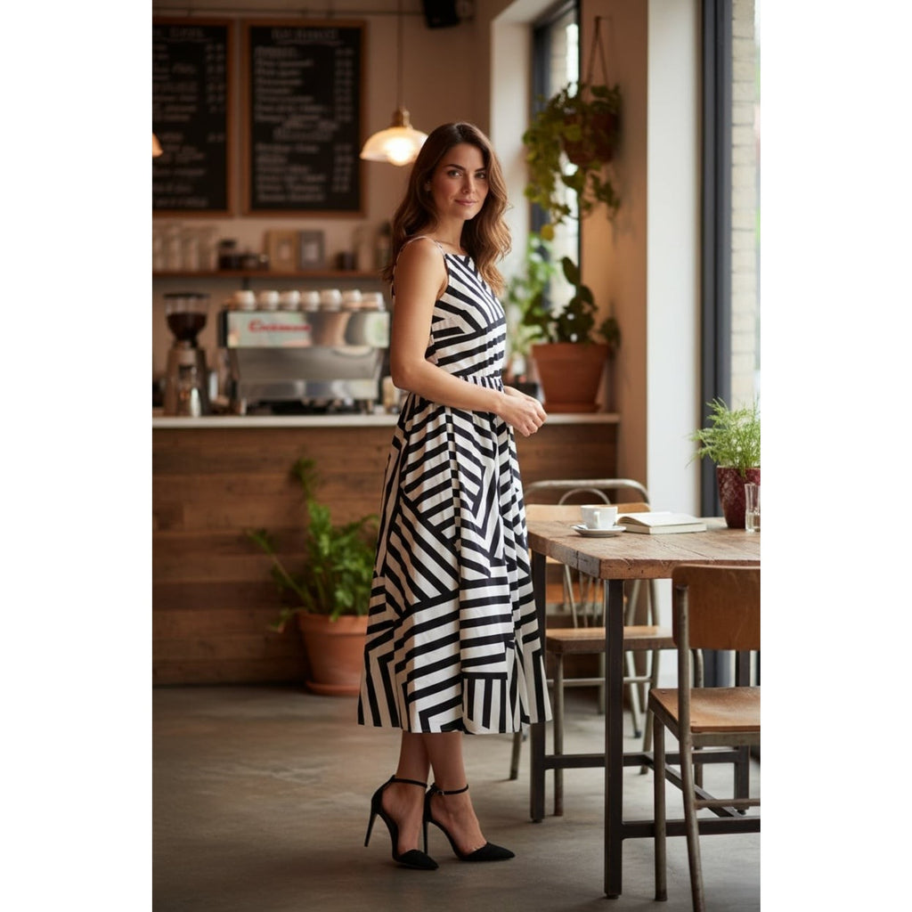 Sleeveless High-Neck Midi Dress in Black and White Geometric Stripe