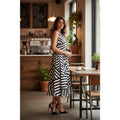 Sleeveless High-Neck Midi Dress in Black and White Geometric Stripe