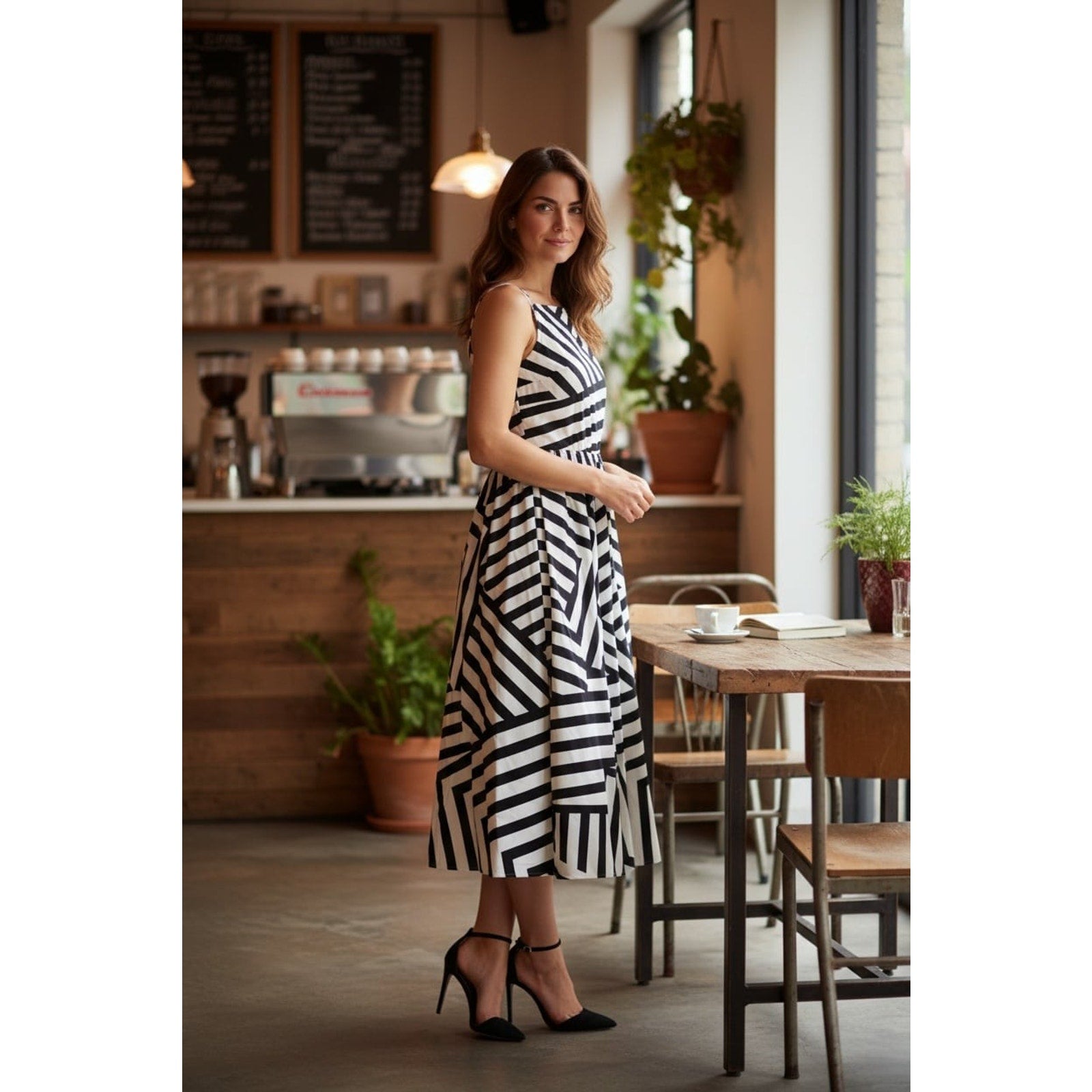 Sleeveless High-Neck Midi Dress in Black and White Geometric Stripe