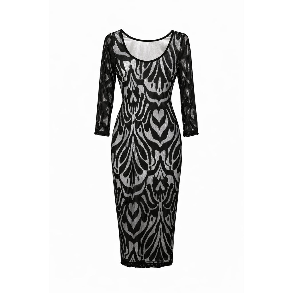 Black Damask Lace Midi Sheath Dress with 3/4 Sleeves