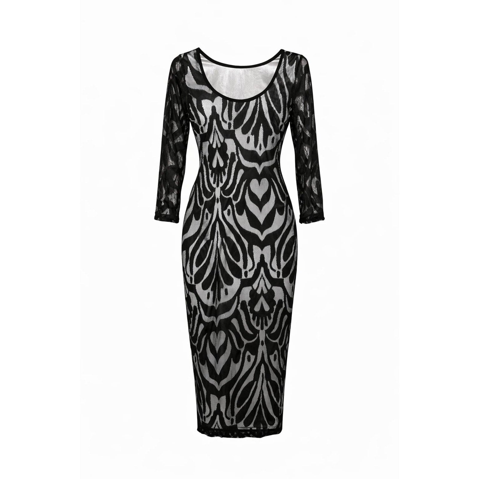 Black Damask Lace Midi Sheath Dress with 3/4 Sleeves